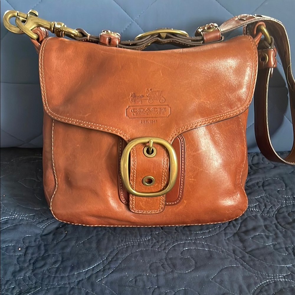 Coach Tan Leather Shoulder Bag with Gold Accents